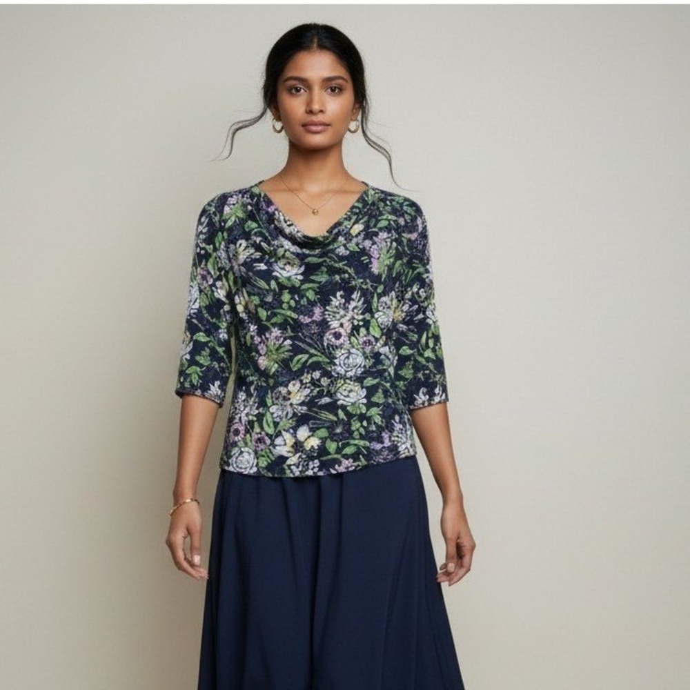 Floral Cowl Neck Blouse in Navy and Green
